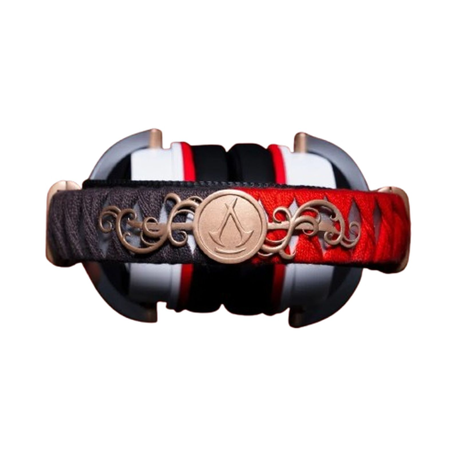 Kopfhörer mit schwarzen und roten Akzenten, goldenem Emblem. Schwarze und rote strukturierte Bänder. Metallrahmen mit goldenen Akzenten.