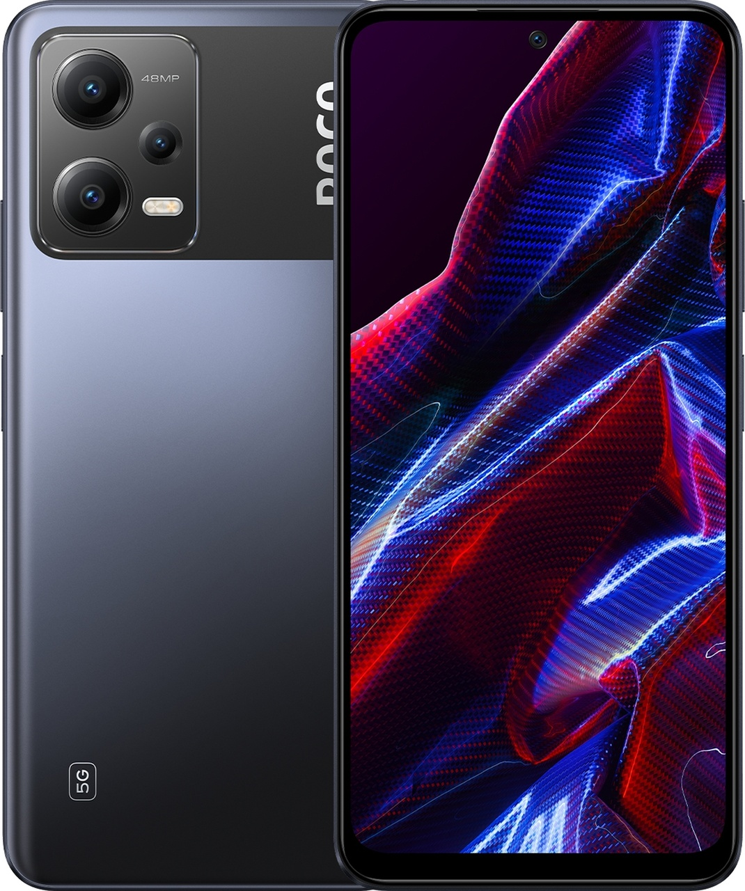 Ein Smartphone mit blauem und schwarzem Farbverlauf auf der Rückseite. Der Bildschirm zeigt ein farbenfrohes abstraktes Design.