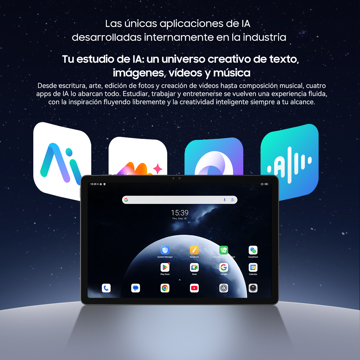 Una tableta muestra iconos de aplicaciones y la hora. Arriba hay logotipos de aplicaciones y texto en español. El fondo es azul oscuro con estrellas.