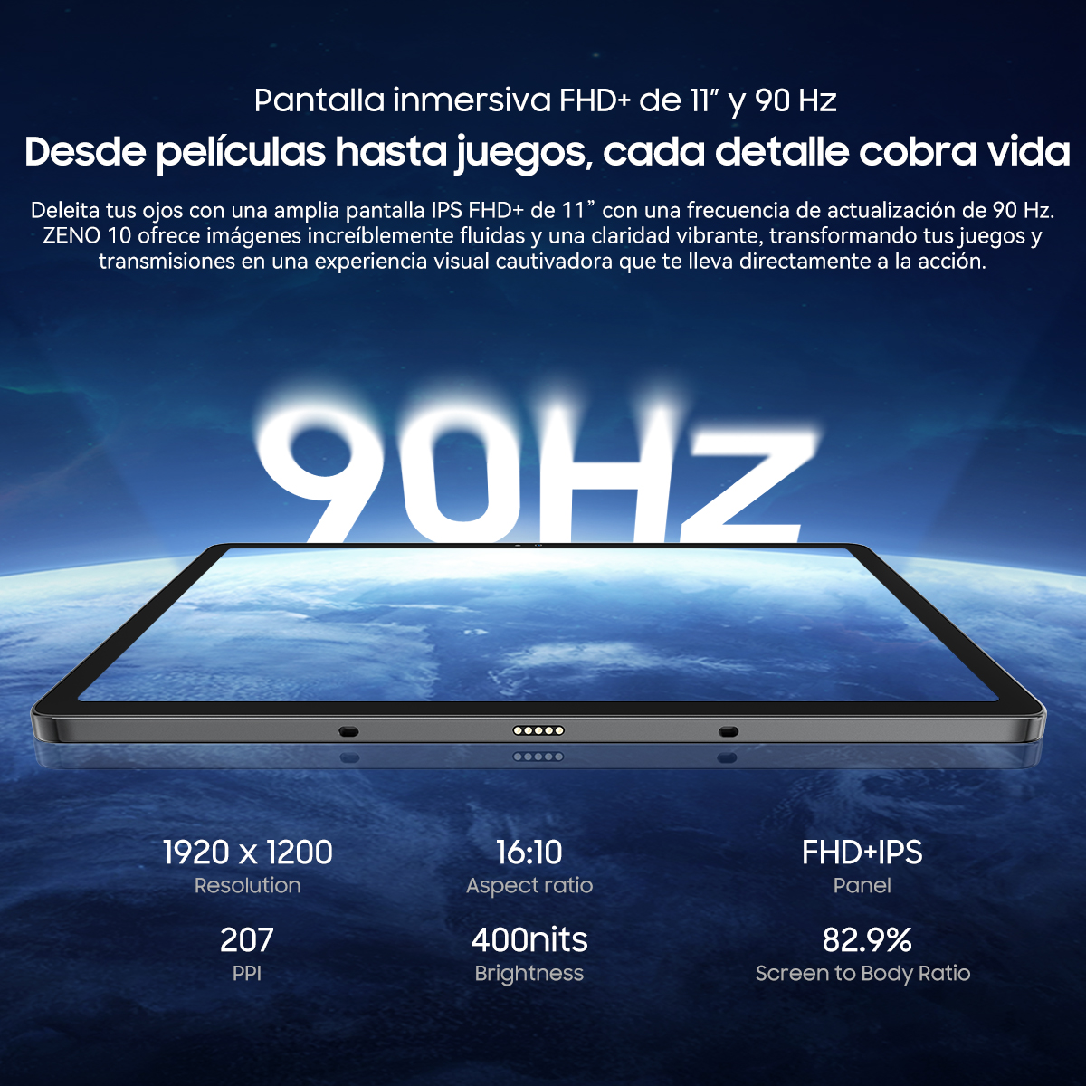 Una tableta con pantalla que muestra 90Hz, especificaciones y texto. El fondo presenta un diseño borroso azul y blanco.