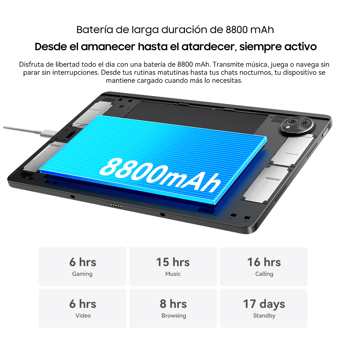 Tableta con pantalla azul que muestra "8800mAh". Debajo, se muestran las duraciones para juegos, música, video, navegación, llamadas y espera.