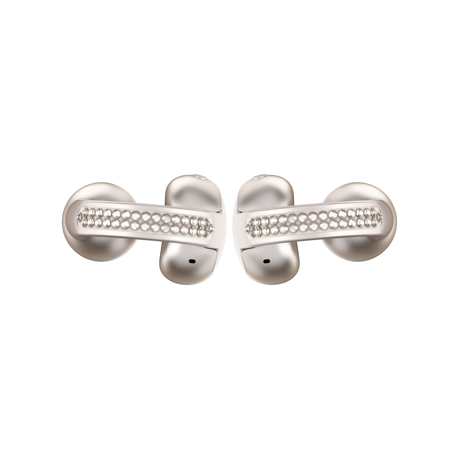 Dwa srebrne klamki do drzwi z kryształowymi akcentami, na białym tle. Klamki są symetryczne.