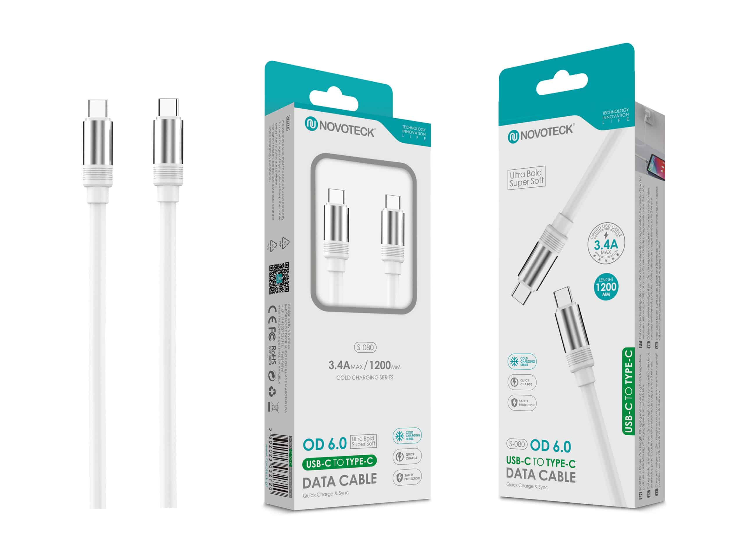 Cable de datos USB-C blanco en una caja de producto. La caja muestra detalles del producto y la marca Novoteck.
