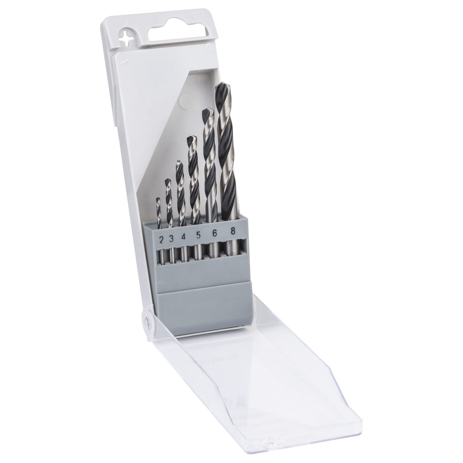 Set di punte da trapano in una custodia di plastica grigia. Punte argento e nere, misure da 2 a 8.