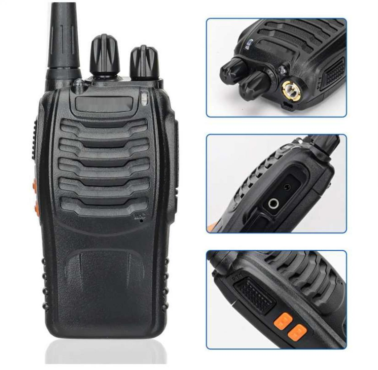 Schwarzes Walkie-Talkie mit Antenne und Knöpfen. Nahaufnahmen zeigen Details der Oberseite, Seite und Unterseite.