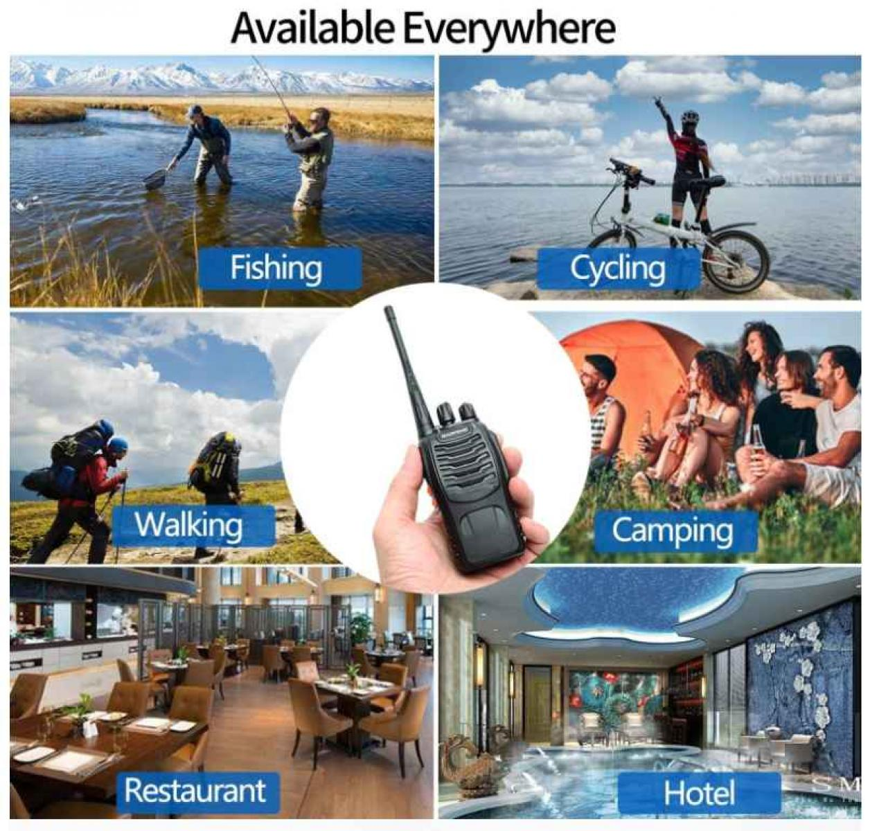 Das Bild zeigt Aktivitäten: Angeln, Radfahren, Wandern, Camping, Restaurant und Hotel. Eine Hand hält ein Funkgerät in der Mitte.