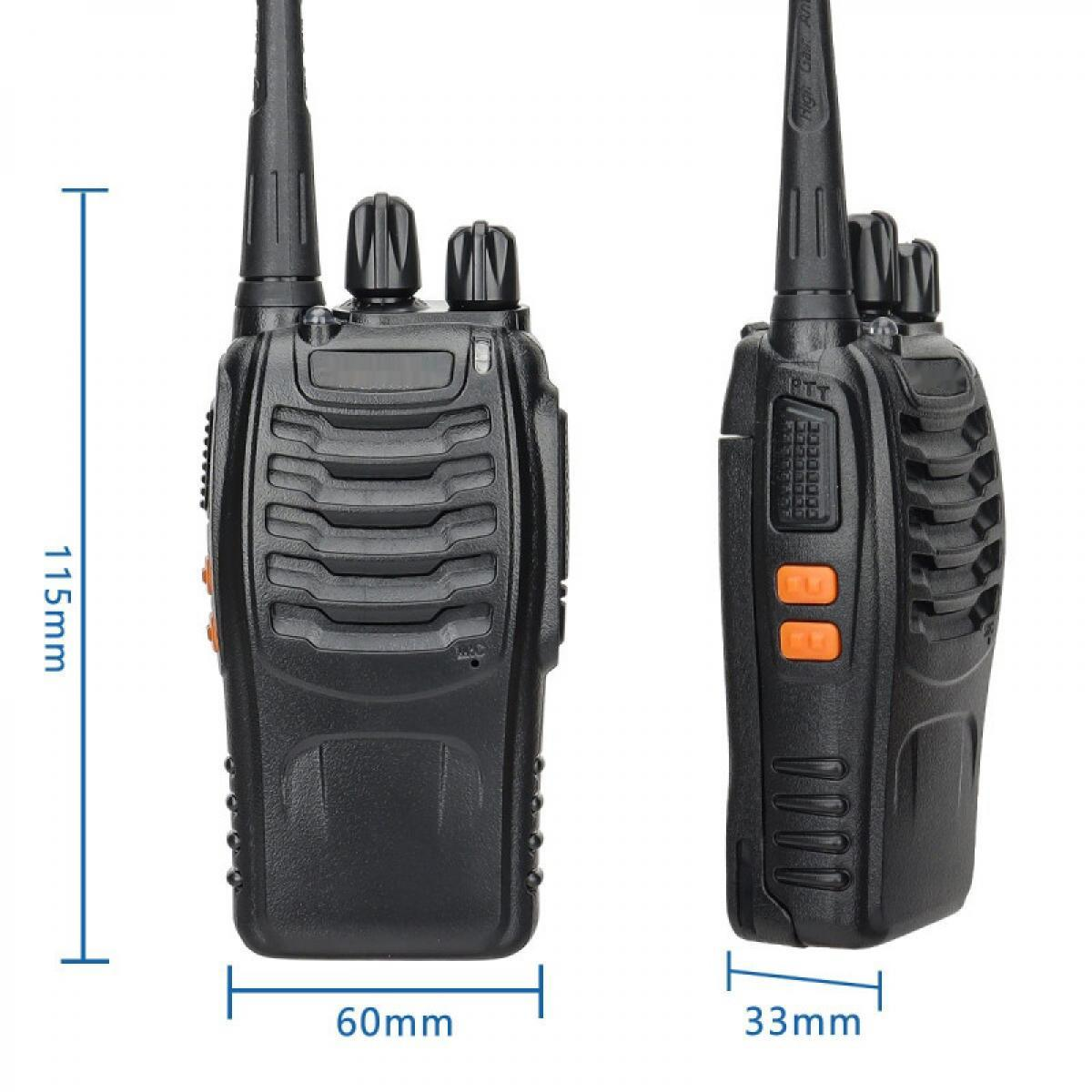 Funkgerät, schwarz. Abmessungen: 115 mm Höhe, 60 mm Breite und 33 mm Dicke. Antenne und Knöpfe sind sichtbar.