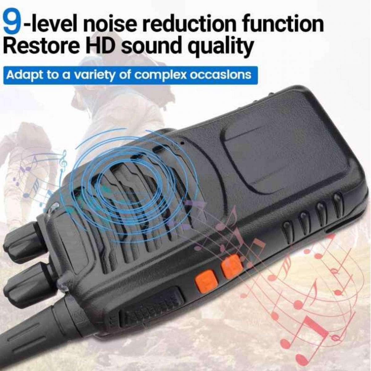 Schwarzes Walkie-Talkie mit orangefarbenen Knöpfen. Text oben besagt Rauschunterdrückung und HD-Klangqualität. Musiknoten im Hintergrund.