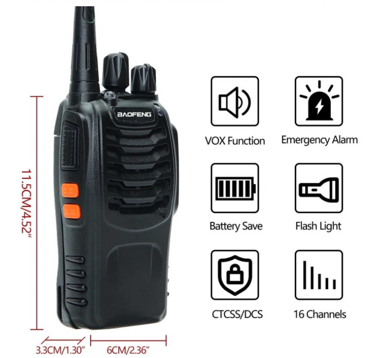 Schwarzes Baofeng-Funkgerät mit orangen Knöpfen, Funktionen: VOX, Alarm, Energiesparen, Taschenlampe, CTCSS/DCS und 16 Kanäle. Abmessungen.