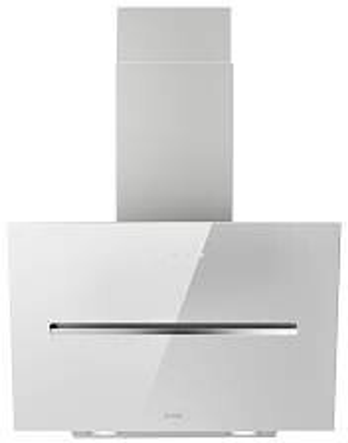 Una cappa da cucina bianca dal design rettangolare. Ha un fronte lucido con una barra orizzontale e una parte superiore a forma di camino.