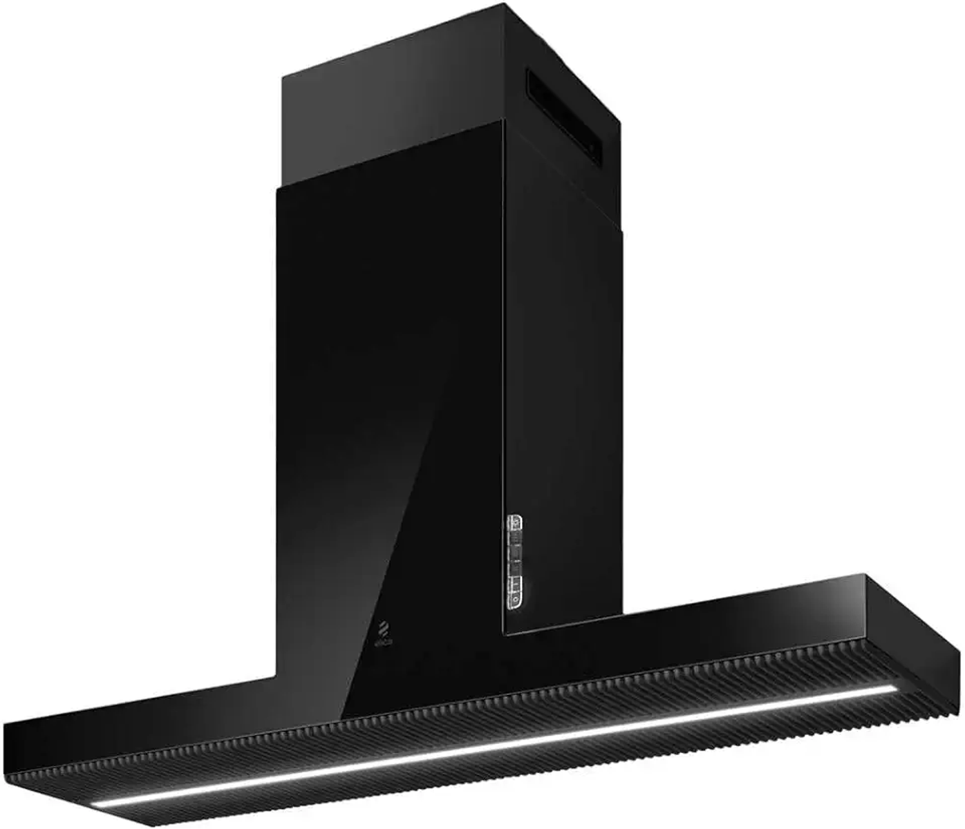Una moderna cappa nera. Ha un design rettangolare con luce orizzontale e pannello di controllo. La forma è elegante e minimalista.