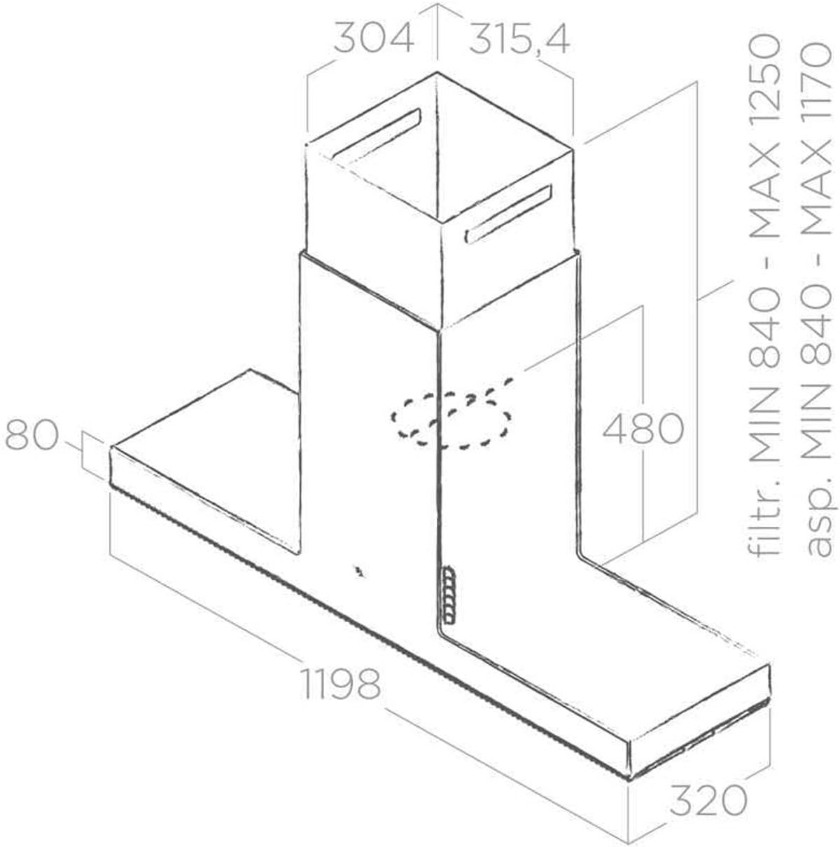 Schema di una cappa da cucina con dimensioni. Ha una base rettangolare, una sezione verticale centrale e una sezione superiore. I numeri indicano le dimensioni.