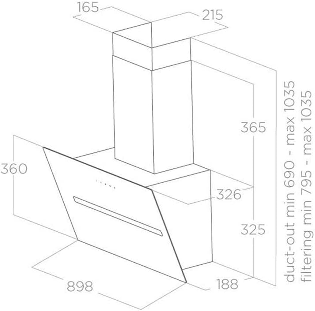 Uno schema di una cappa da cucina con dimensioni etichettate. La cappa è di colore chiaro, che mostra la sua forma e le dimensioni.