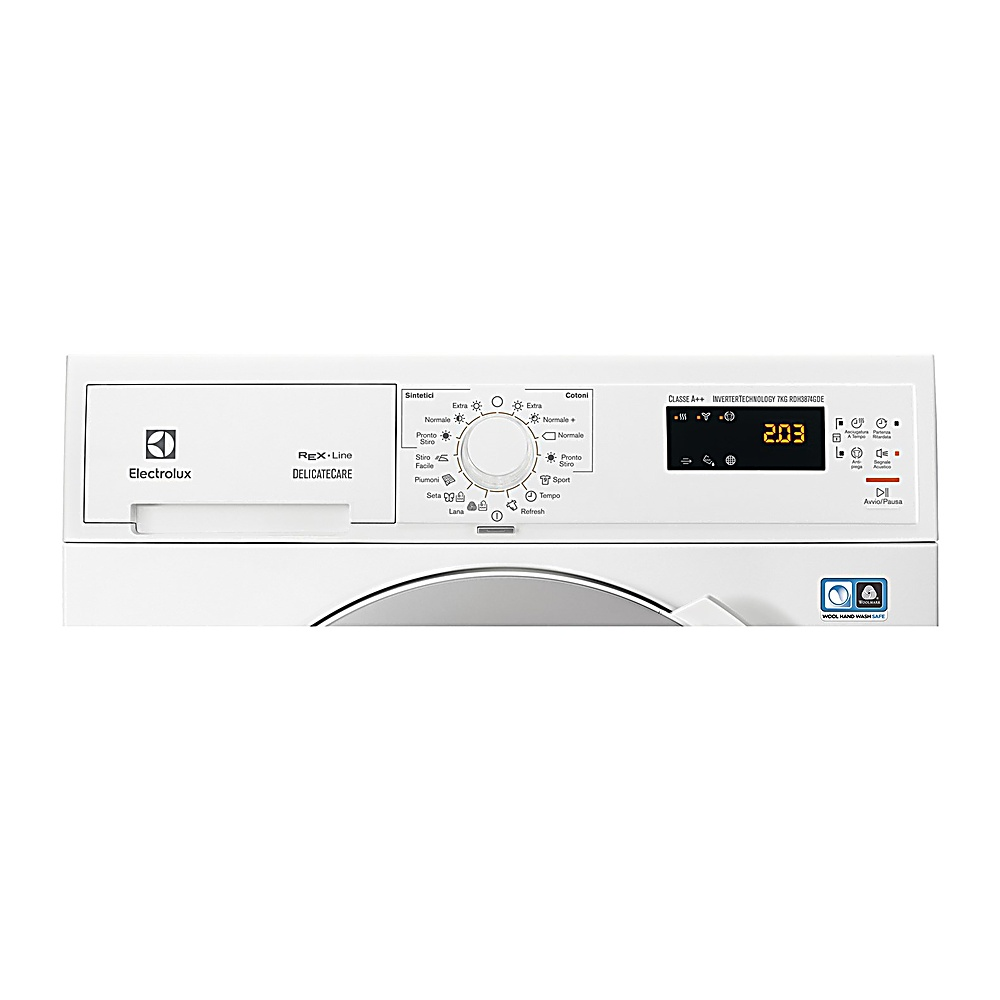 Pannello comandi bianco di lavatrice Electrolux. Ha un quadrante, un display digitale che mostra 2.03 e più pulsanti con etichette.