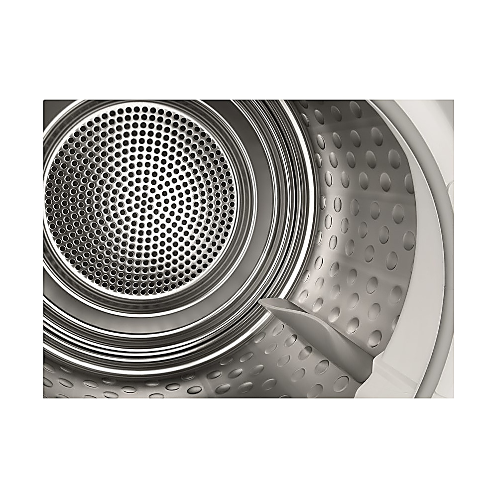 Interno di un cestello dell'asciugatrice. Metallo perforato, con una lama rotante. Interno grigio metallizzato e telaio in plastica bianca.