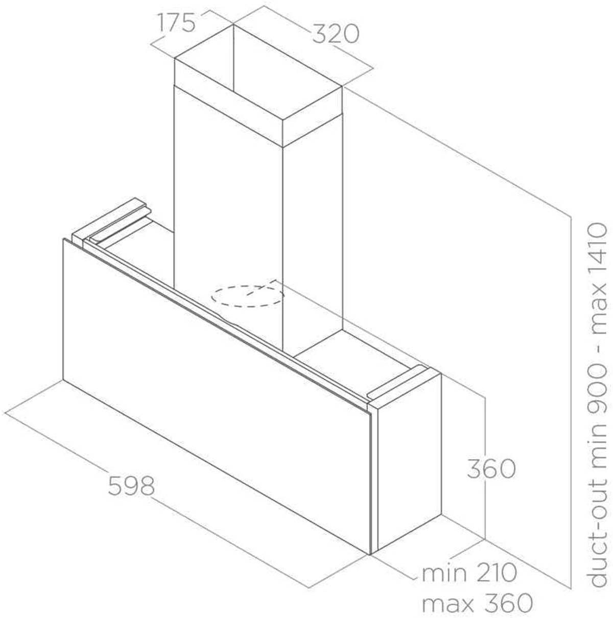 Disegno tecnico di una cappa da cucina, con dimensioni in millimetri. Mostra la struttura e le specifiche del condotto.