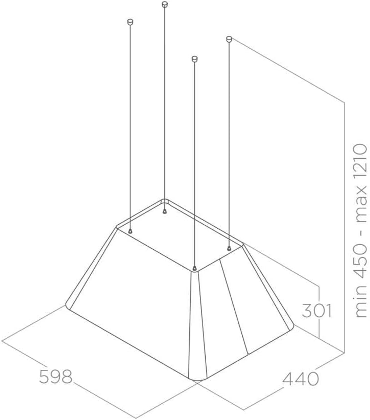 Un design di lampada trapezoidale bianca con fili sospesi ed etichette dimensionali: 598, 440, 301 e min 450 - max 1210.