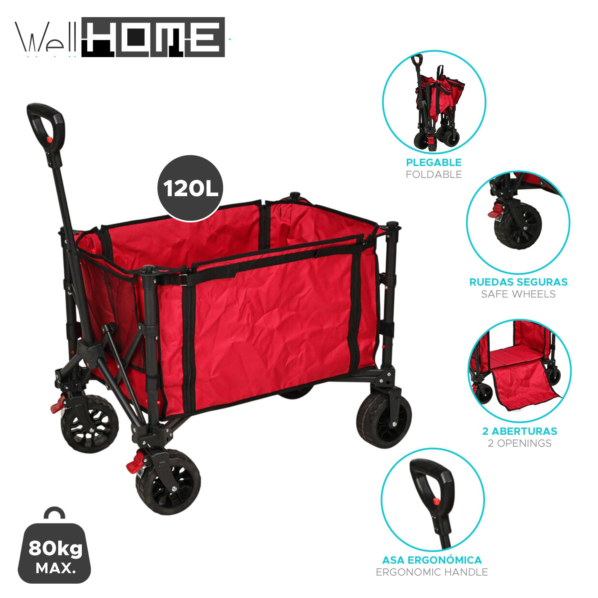 Un carro plegable rojo con ruedas y mango negros. Incluye ruedas seguras, mango ergonómico y 2 aberturas.