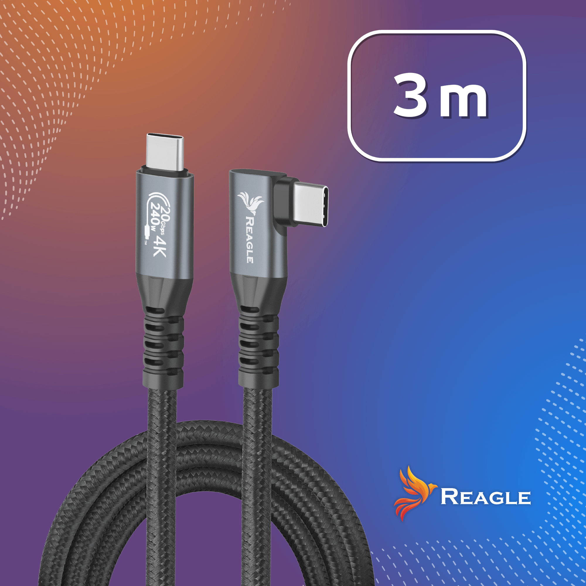 Szary i czarny kabel USB-C, z oznaczeniem 20 Gbps 4K, o długości 3m, z logo Reagle. Tło to gradient niebiesko-pomarańczowy.