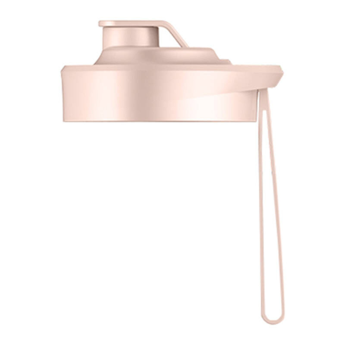 Un tappo di bottiglia in plastica rosa chiaro con chiusura a ribalta e manico, su sfondo bianco.
