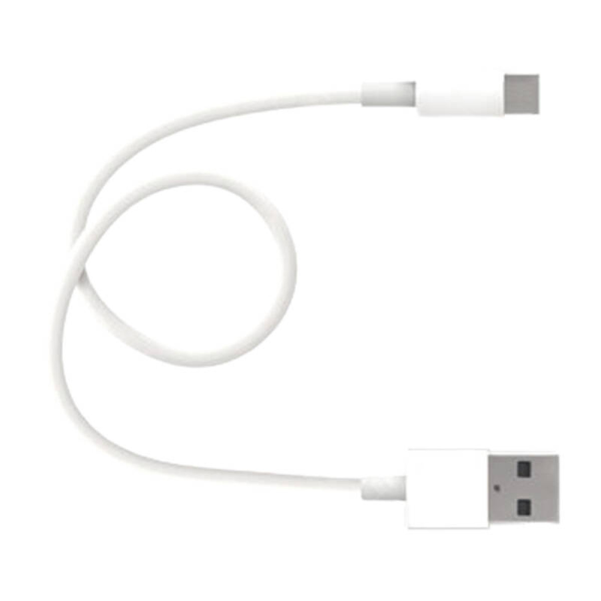 Un cavo USB bianco con una sezione centrale arrotolata e due connettori. Un connettore è USB, l'altro è un piccolo quadrato.