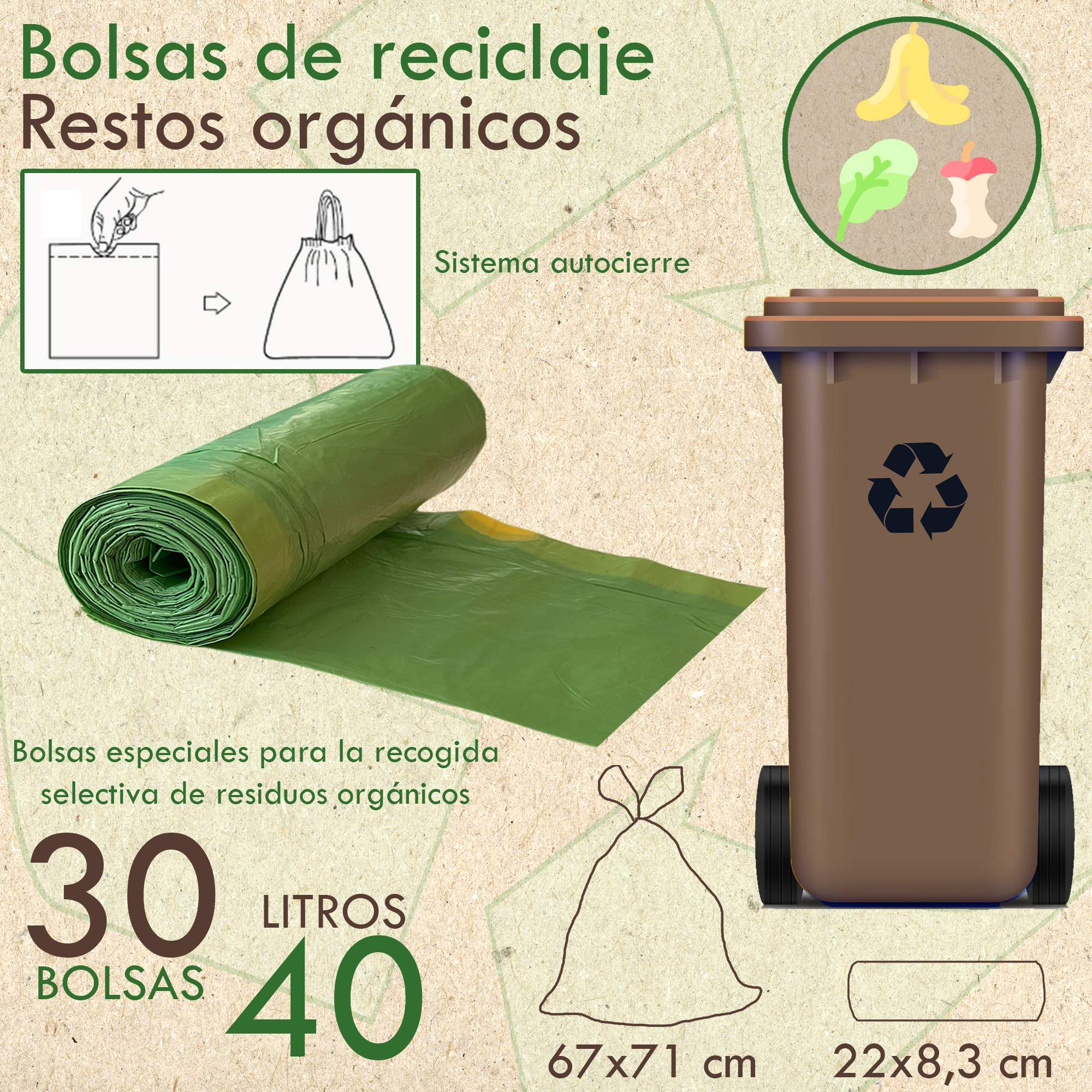 La imagen muestra bolsas de residuos orgánicos, un cubo de basura e ilustraciones de residuos. El texto incluye 'Bolsas de reciclaje' y dimensiones.