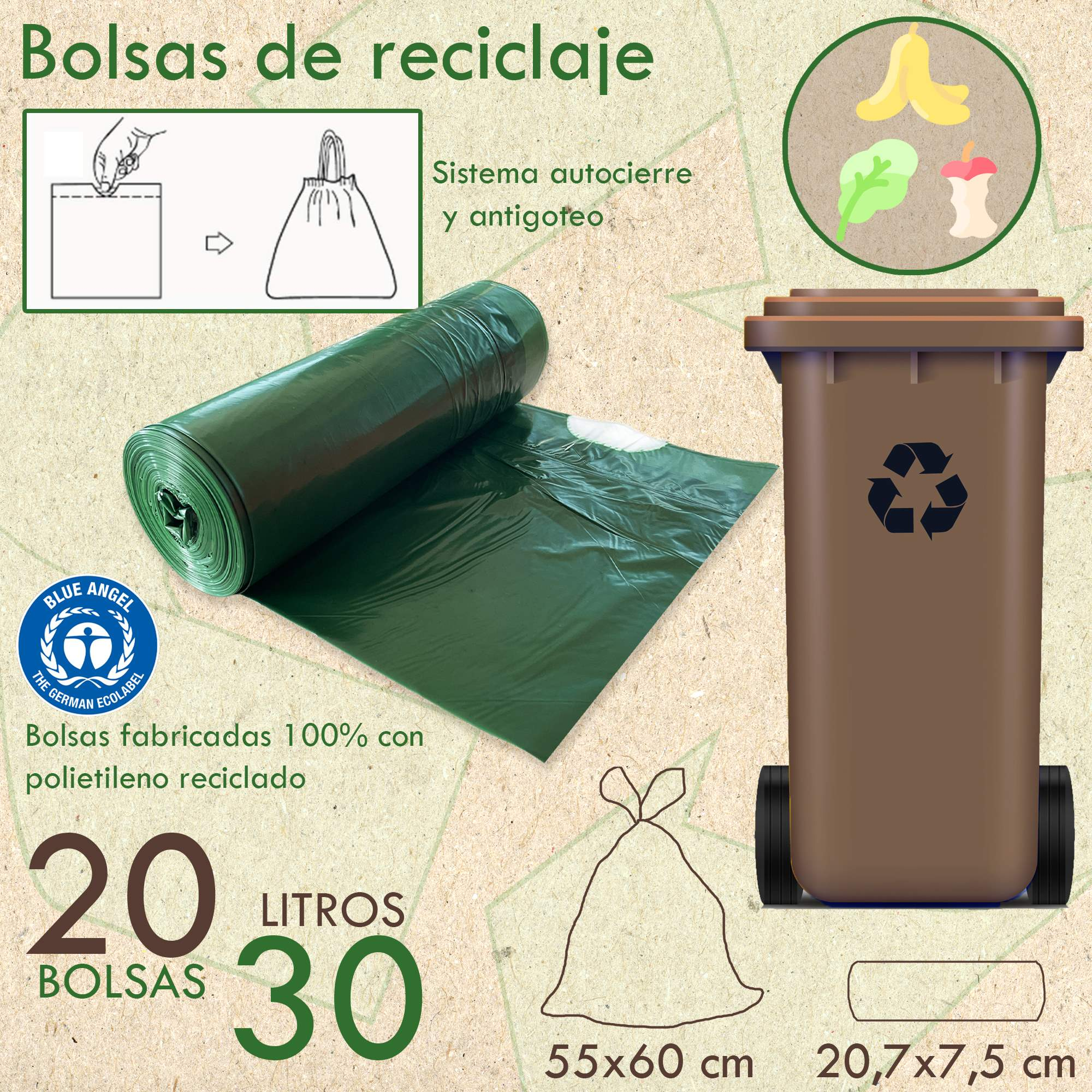Bolsas de reciclaje verdes, cubo marrón, iconos de desperdicios de comida, etiqueta Blue Angel y texto.
