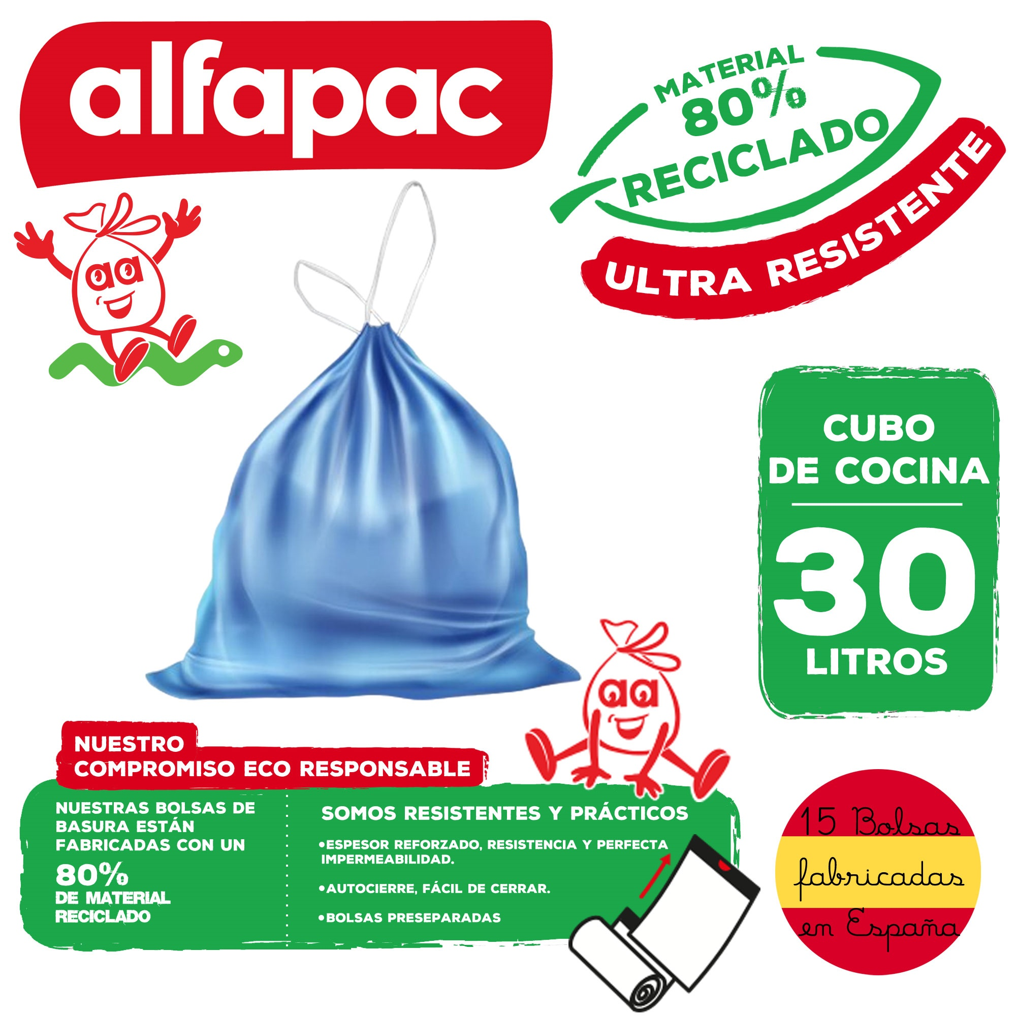 Bolsa de basura azul con texto: Alfapac, 80% reciclado, ultra resistente. Texto verde, rojo y amarillo y dibujos animados.