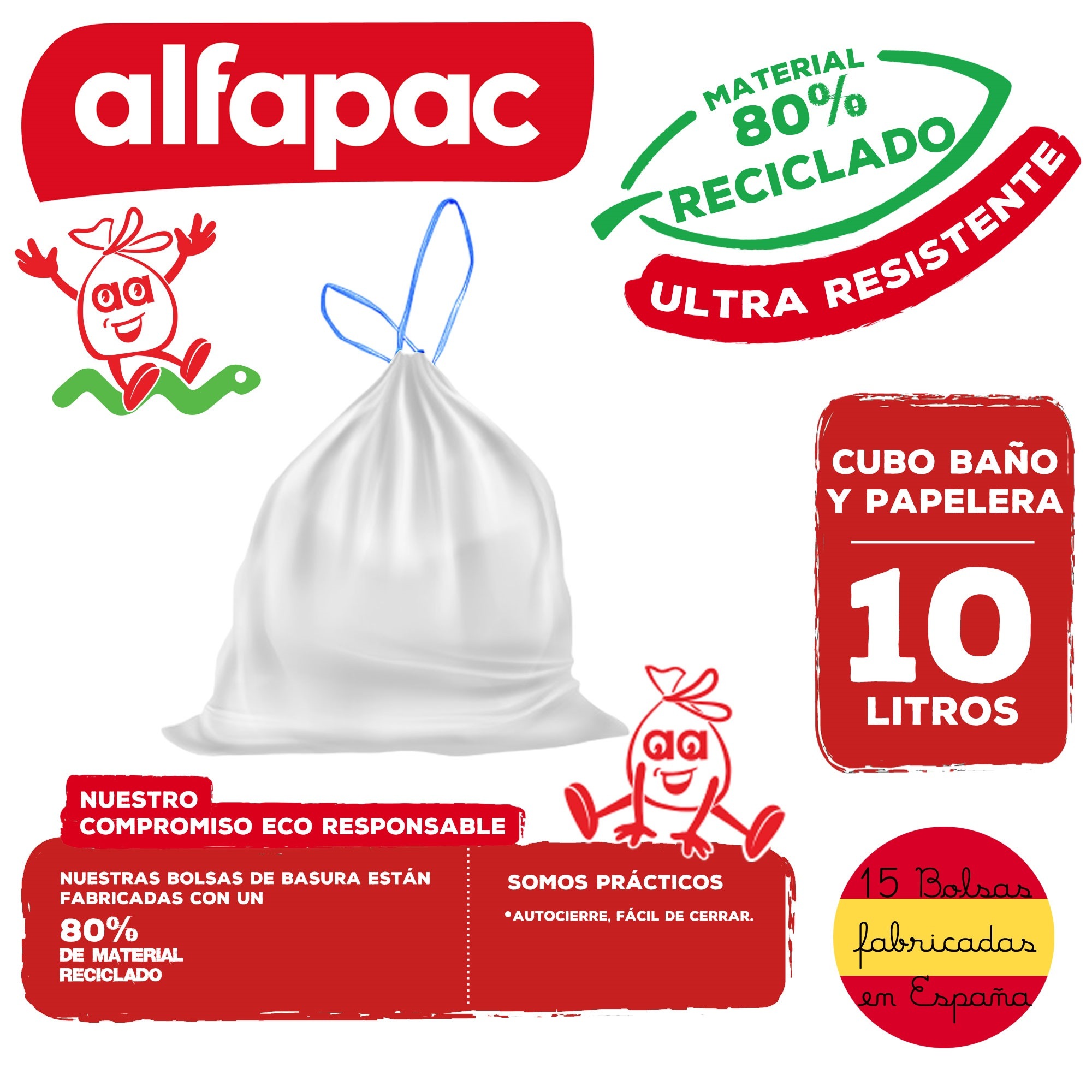 Una bolsa de basura blanca con lazos azules. Texto: Material reciclado, 80%. Logo rojo: Alfapac. Texto: 10 litros, 15 bolsas hechas en España.