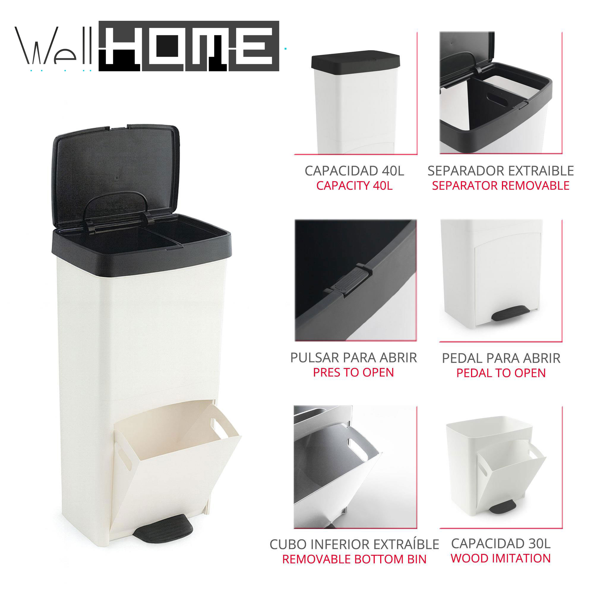 Un cubo de basura blanco y negro con pedal y cubo inferior extraíble. Las etiquetas de texto resaltan las características.