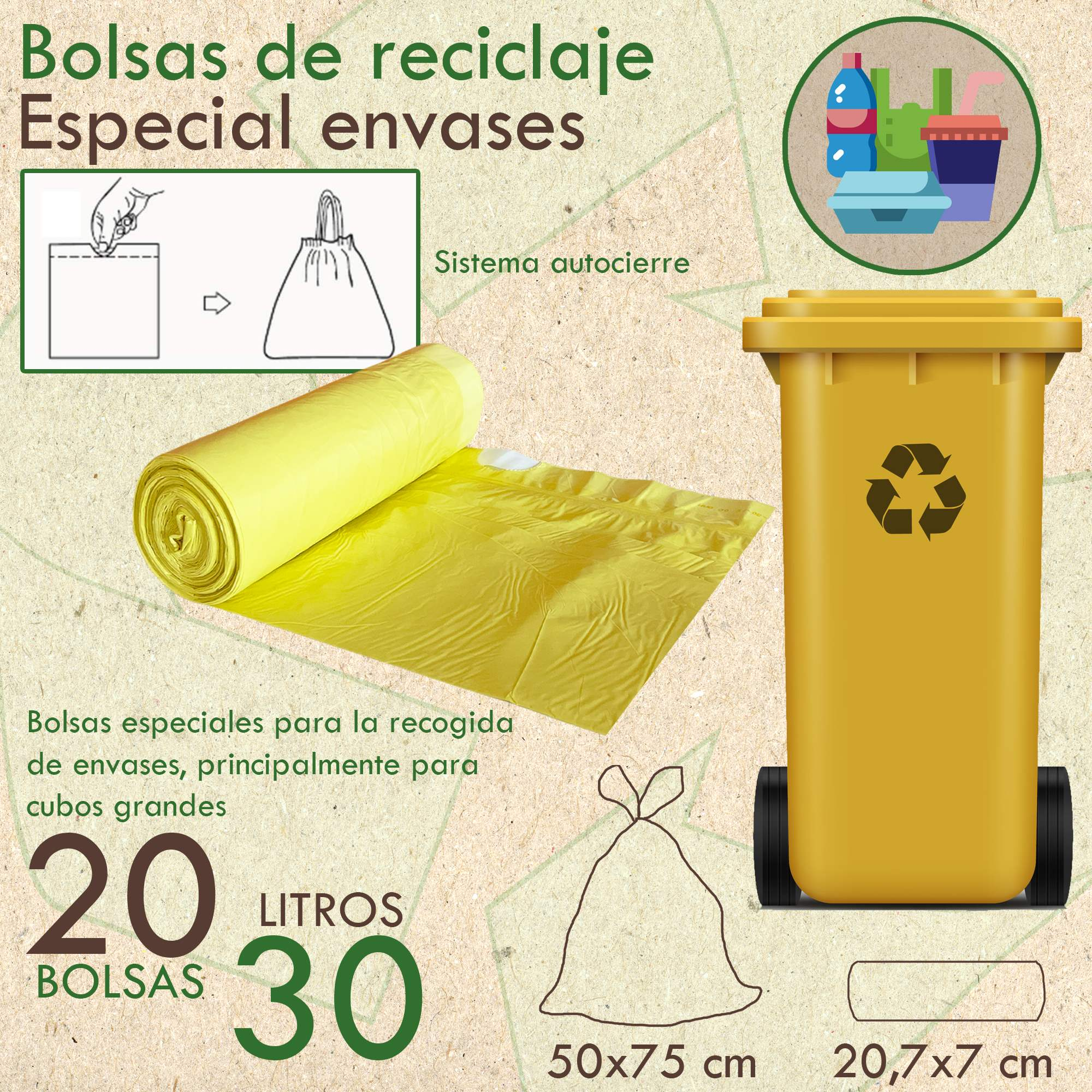 Bolsas amarillas para reciclaje, 20 bolsas, 30 litros. Incluye un contenedor amarillo, dibujos de la bolsa y símbolos de reciclaje.
