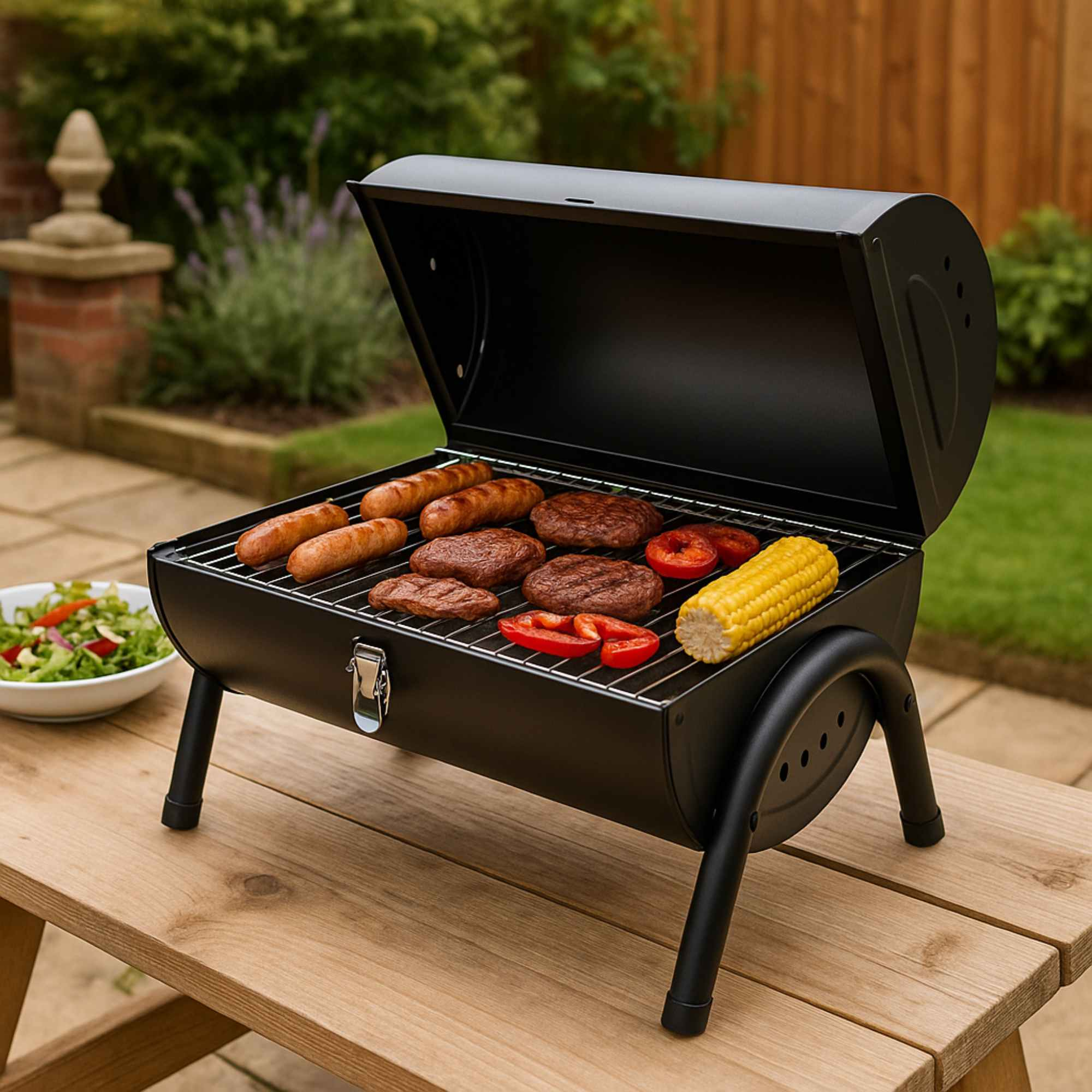 Una parrilla negra con varios alimentos a la parrilla sobre una mesa de madera al aire libre. El fondo muestra un jardín.
