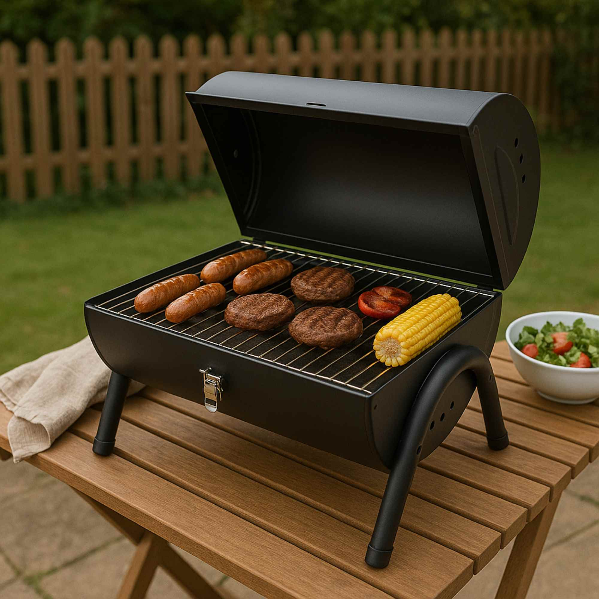 Una parrilla negra con alimentos como salchichas, hamburguesas, tomate y maíz, sobre una mesa de madera. Cerca hay un cuenco de ensalada.