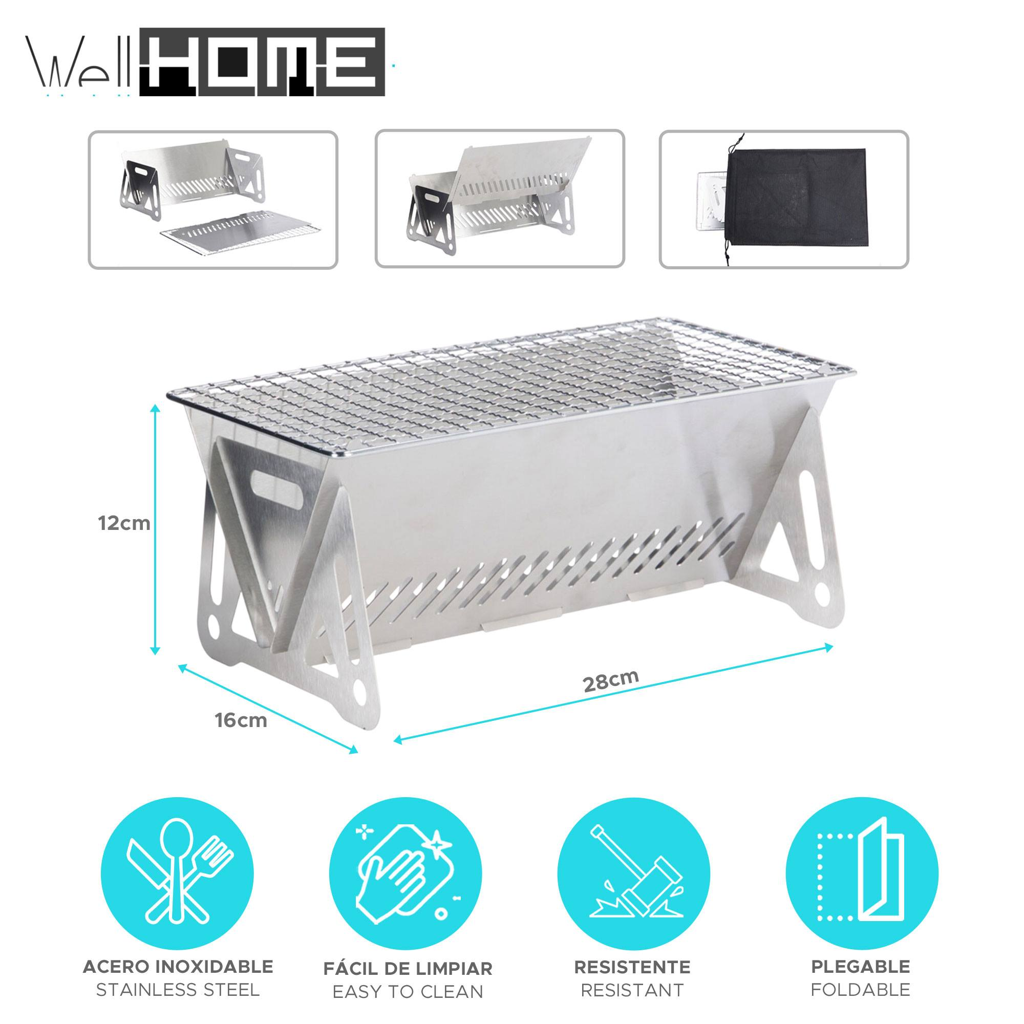 Una parrilla plegable de acero inoxidable con dimensiones. Incluye iconos de acero inoxidable, fácil limpieza, resistente y plegable.