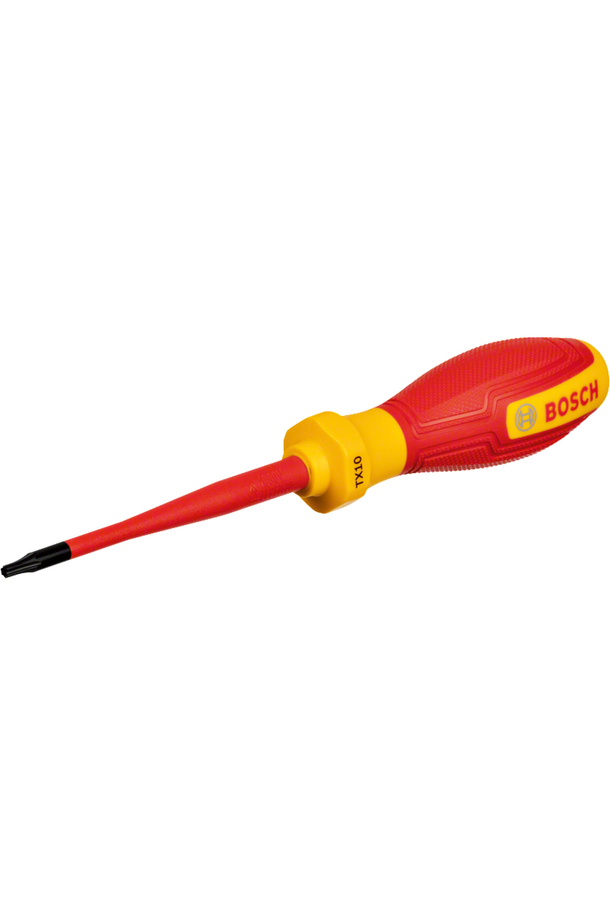 Kırmızı ve sarı bir Bosch tornavida. Bosch logosu bulunan kırmızı bir sapı ve sarı bir tabanı vardır. Ucu siyahtır.