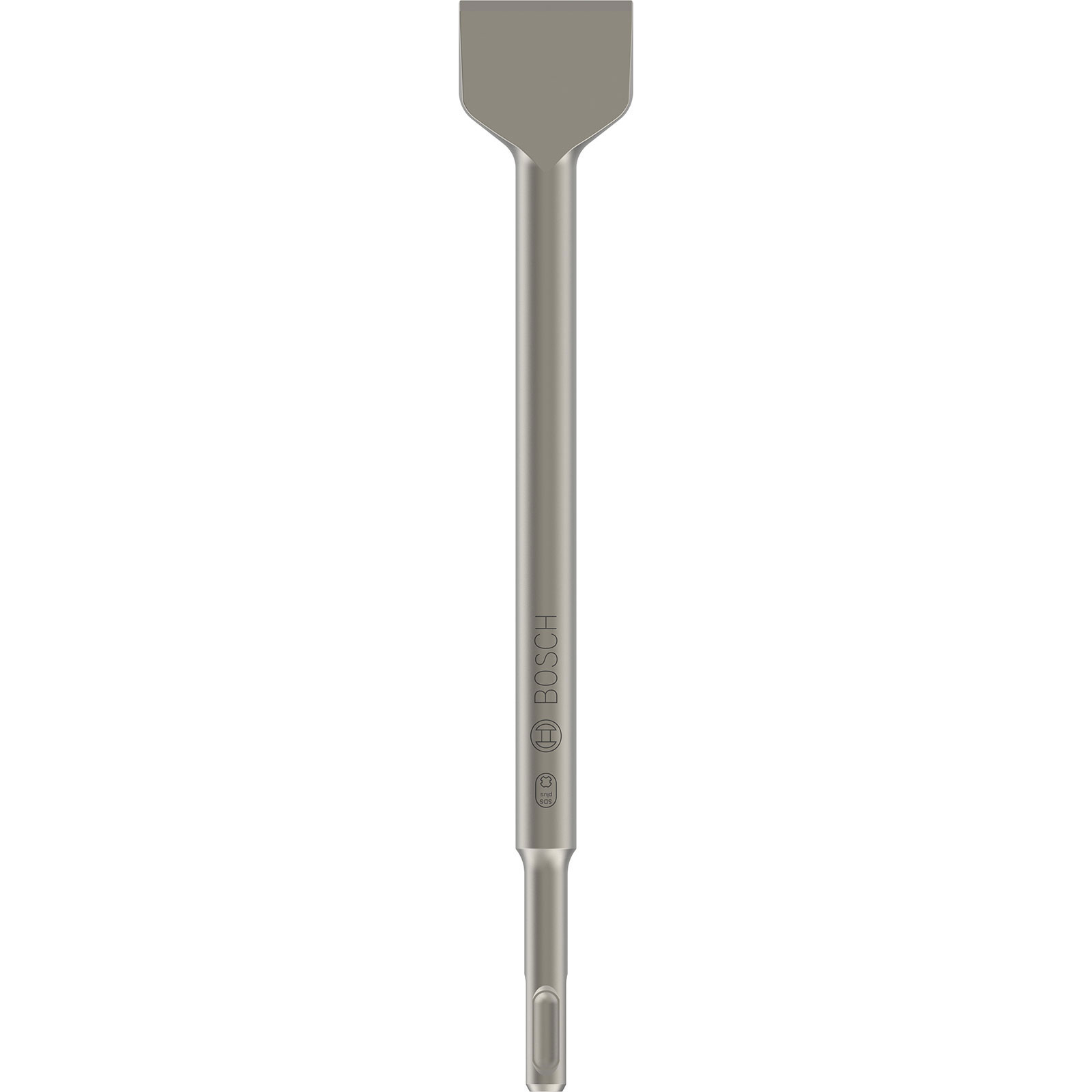 Düz bir başa ve uzun silindirik bir gövdeye sahip metal bir keski matkap ucu. BOSCH markası gövdeye basılmıştır.