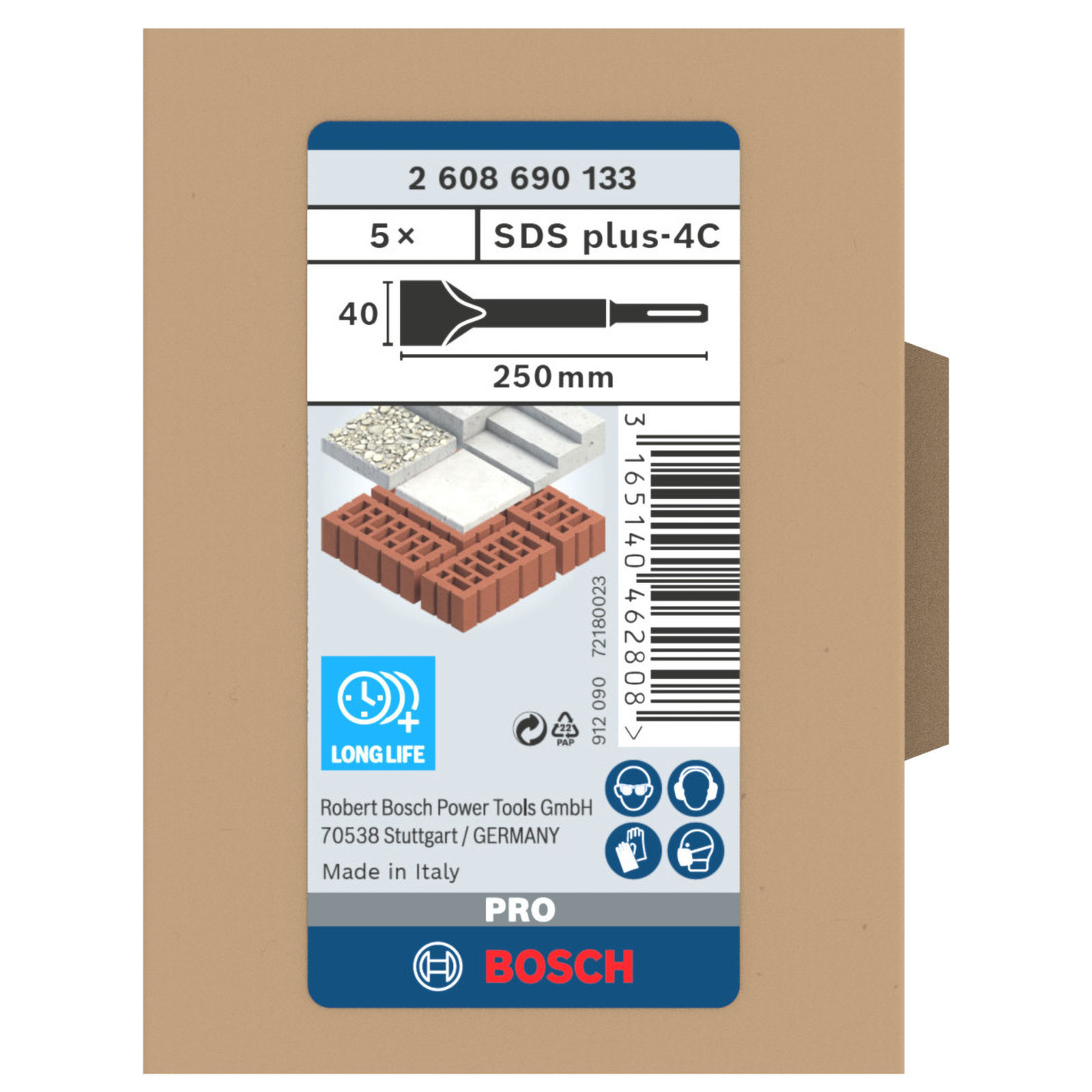 Bir Bosch SDS plus-4C matkap ucu paketi. Paket teknik detaylar ve ürün bilgileri içerir.