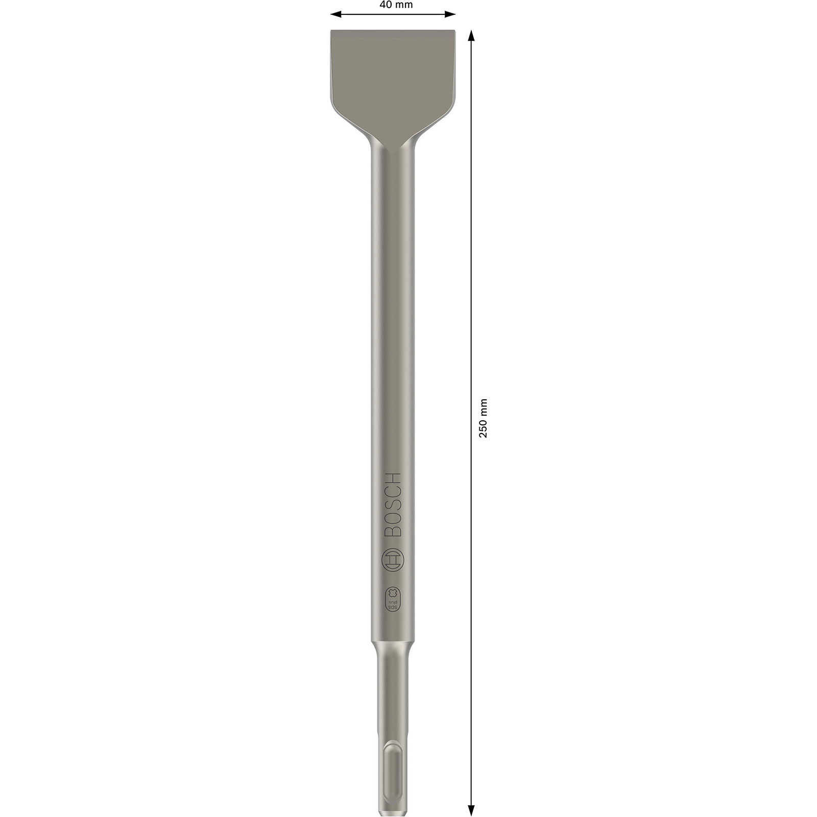 Düz başlı, 40 mm genişliğinde, Bosch logolu metal bir keski. 250 mm uzunluğunda ve malzemeleri kırmak için kullanılır.