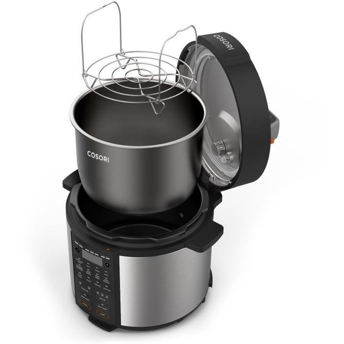 Una olla a presión COSORI está abierta, con una olla de acero inoxidable en su interior. Una rejilla de alambre se encuentra en la olla. La tapa está abierta hacia un lado.