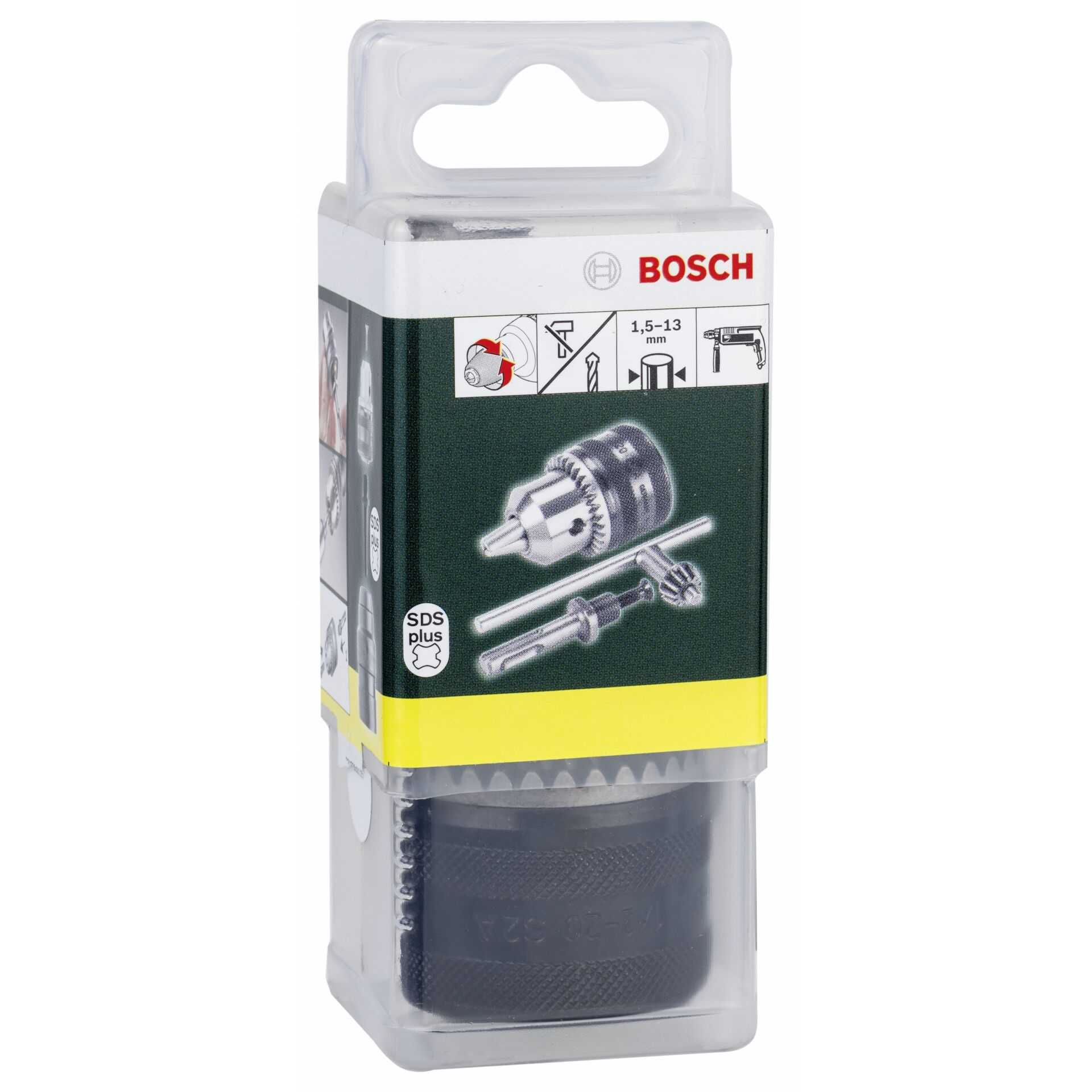 Şeffaf plastik ambalajda bir Bosch matkap aynası seti. Ayna, anahtar ve SDS plus adaptör içerir.