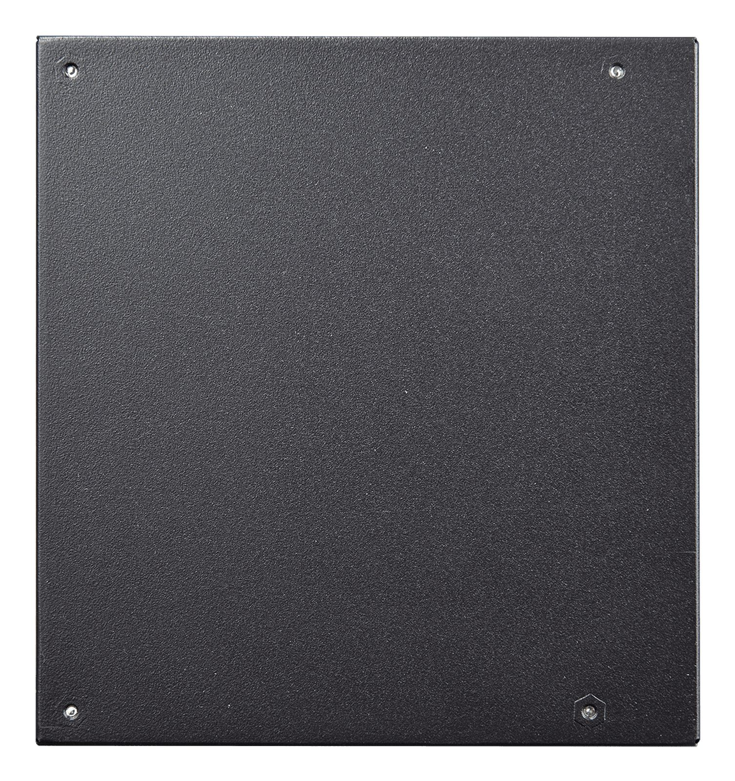 Pannello metallico quadrato grigio scuro con superficie strutturata. Viti agli angoli e al centro del bordo.