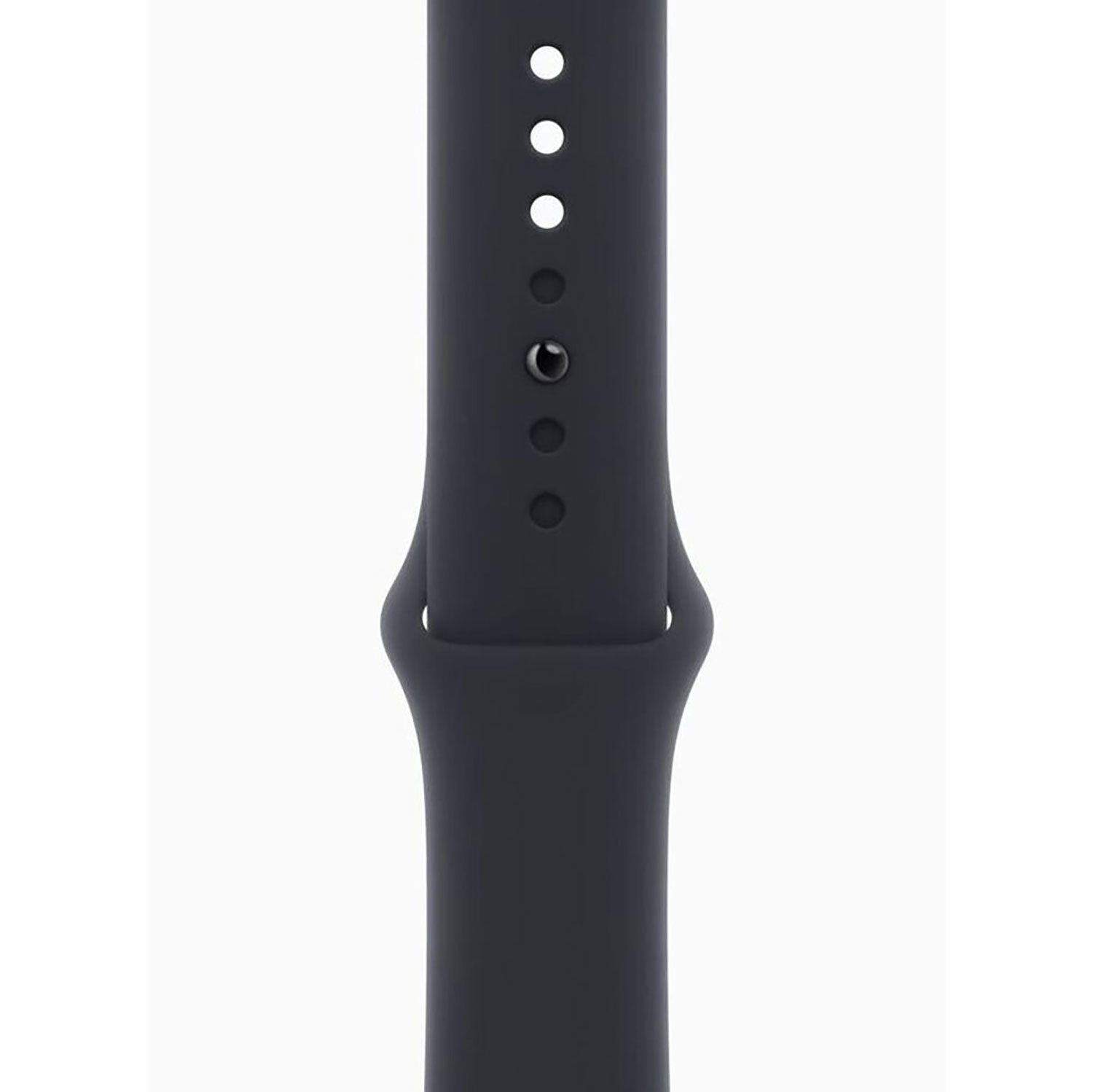 Gros plan d'un bracelet de montre gris foncé avec plusieurs trous et une boucle de connexion, sur fond blanc.