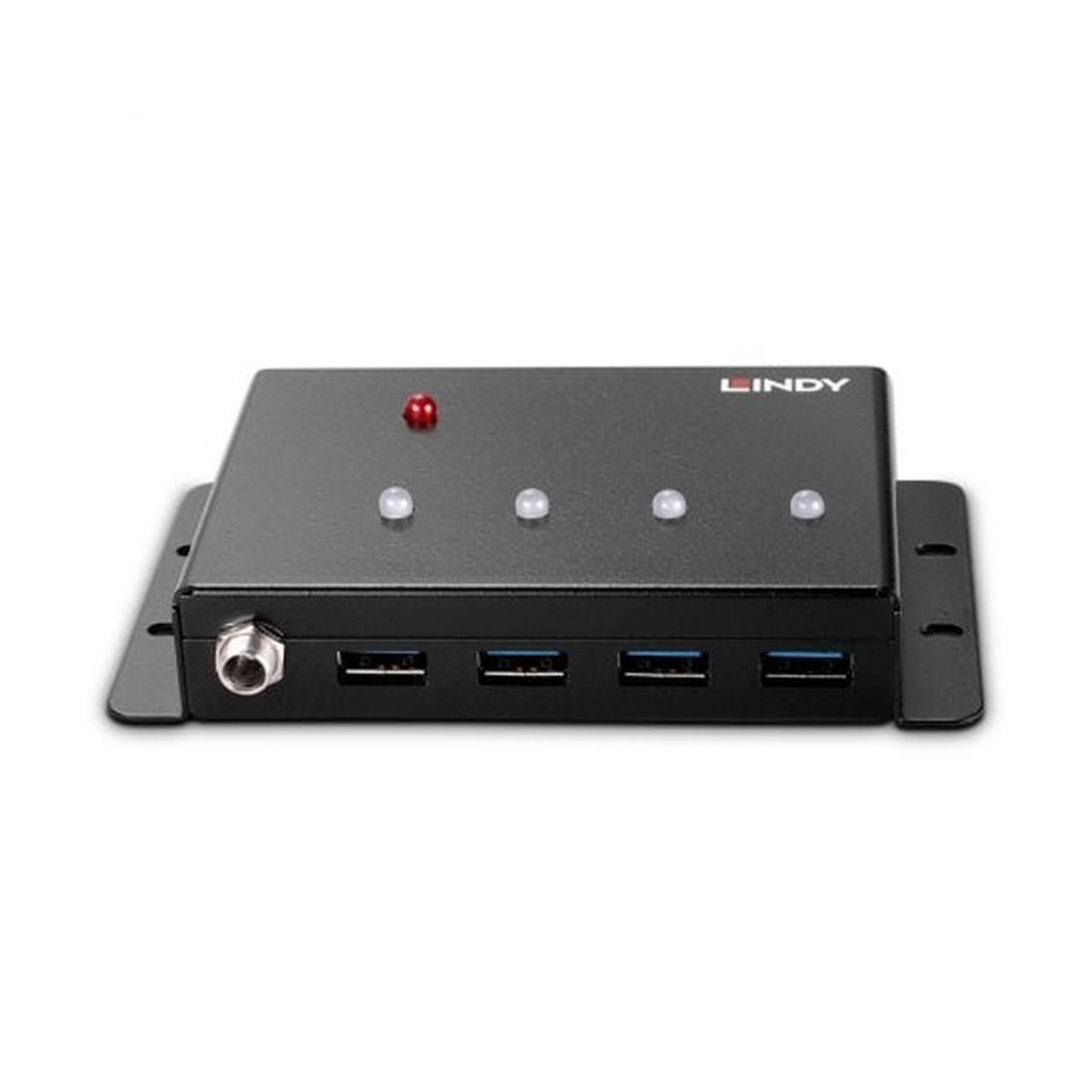 Un hub USB nero con quattro porte, spie luminose e il logo Lindy. Ha una porta di alimentazione e staffe di montaggio.