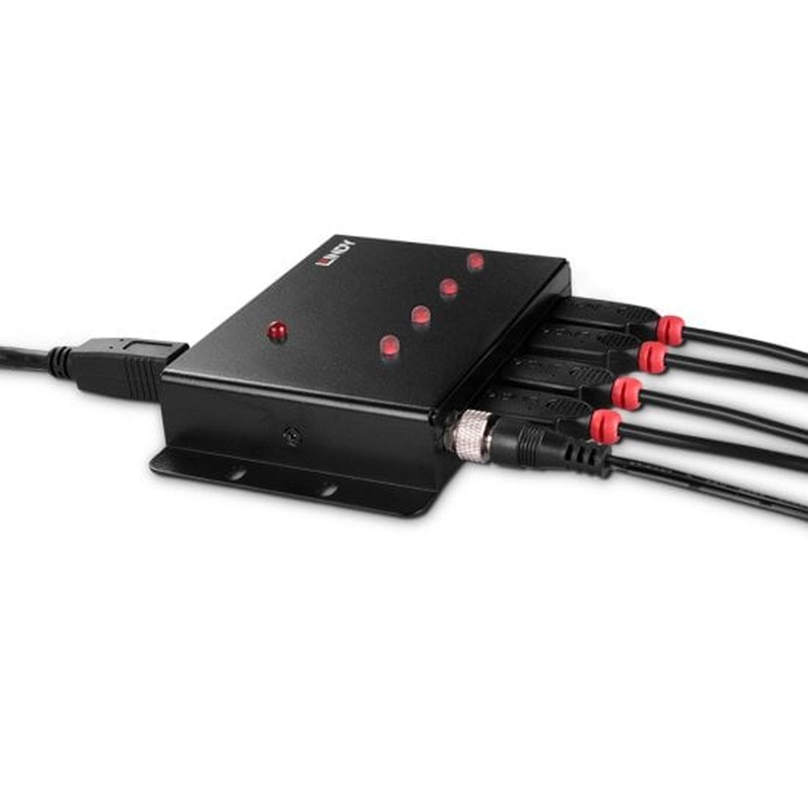 Dispositivo LINDY nero con luci rosse, cavi collegati e un cavo USB. Il dispositivo è su uno sfondo bianco.