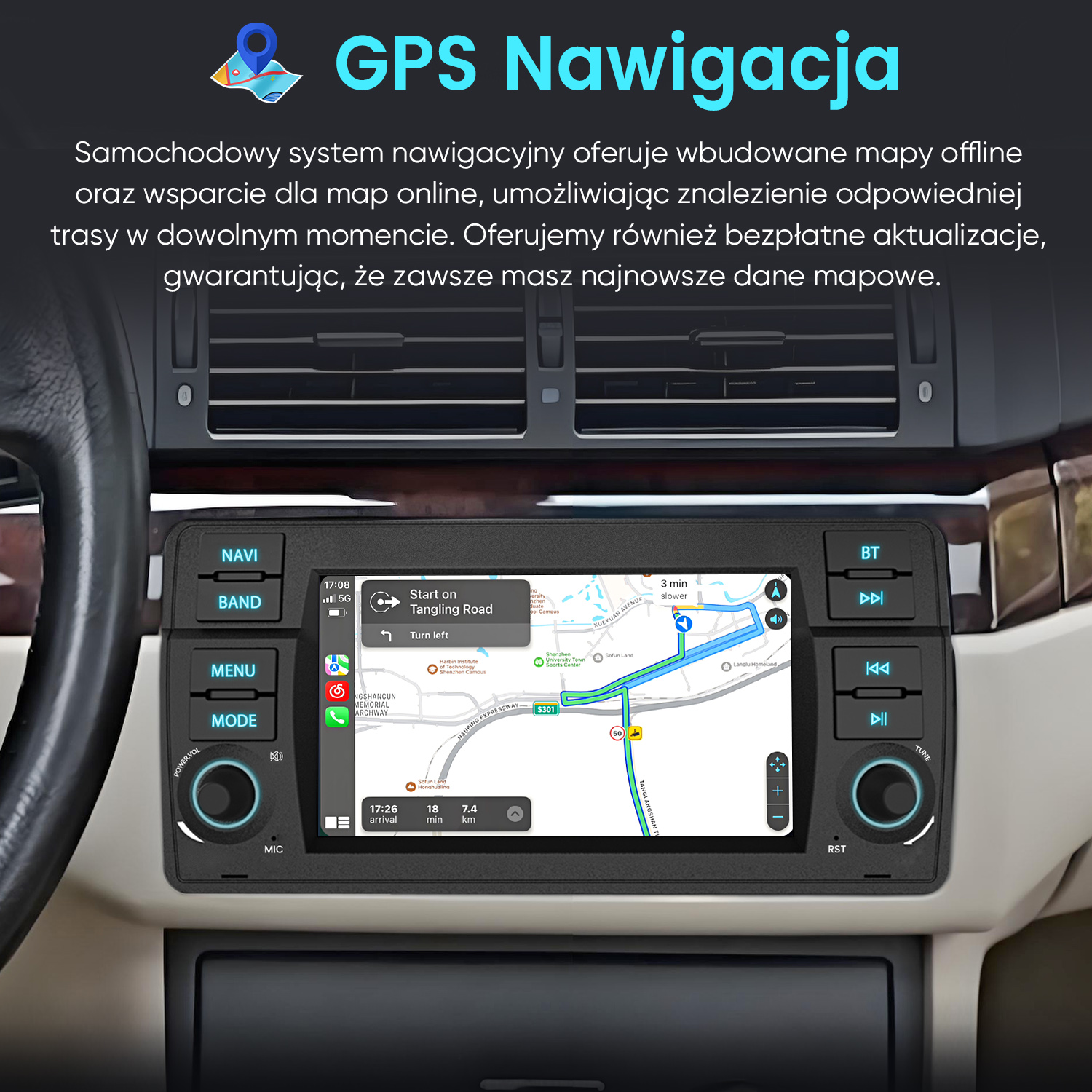 Ekran nawigacji samochodowej z mapą, wskazówkami trasy i różnymi przyciskami sterowania.