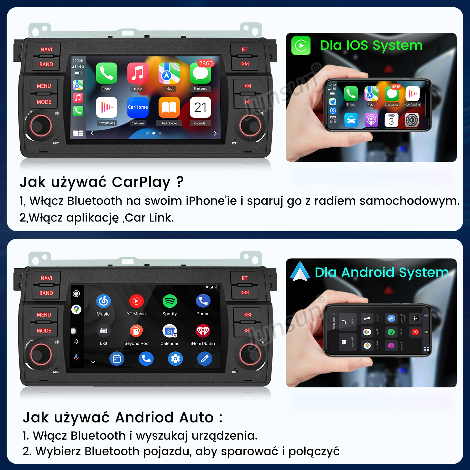 System radia samochodowego z dwoma wyświetlaczami telefonu pokazującymi aplikacje. Instrukcje dla CarPlay i Android Auto poniżej.