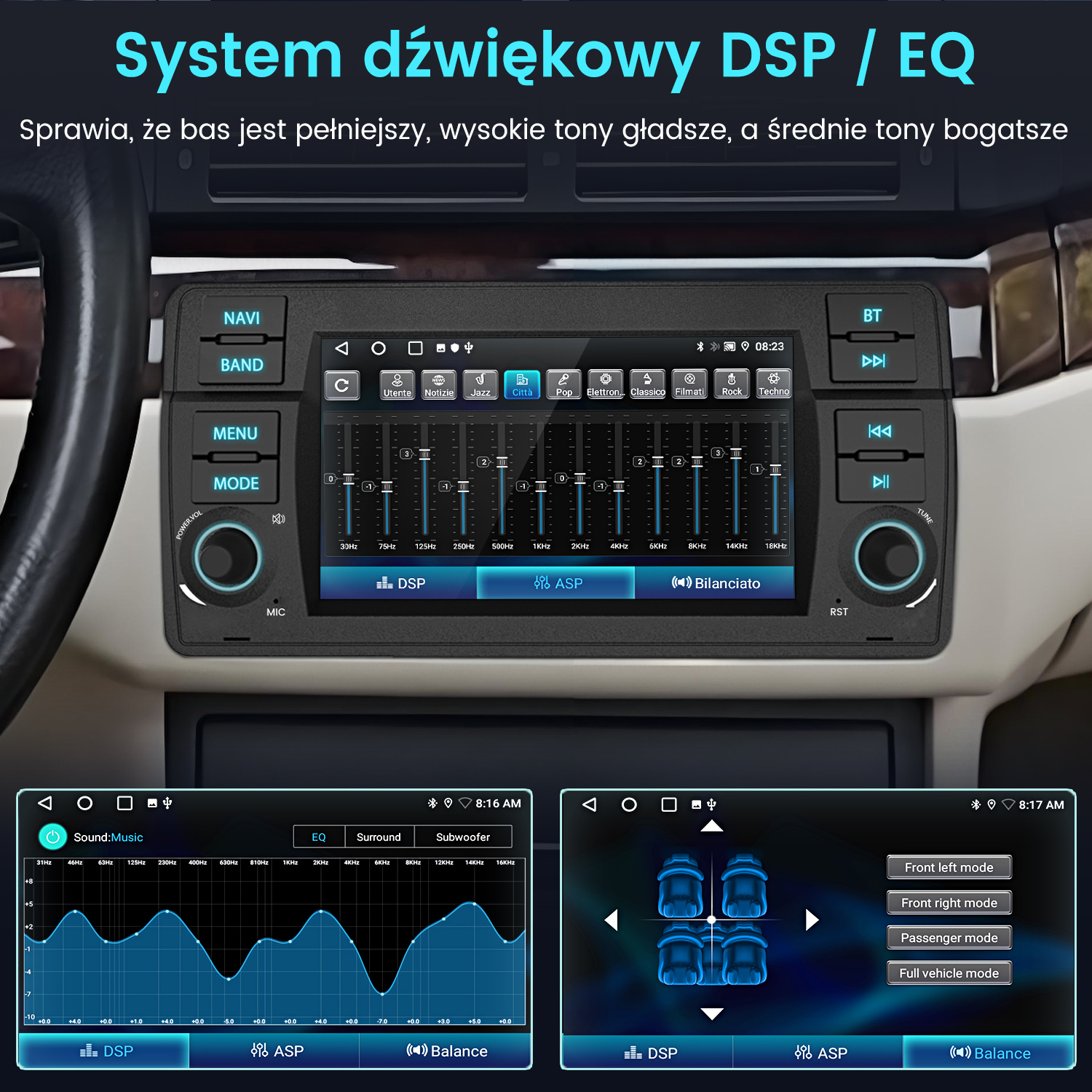 Interfejs systemu audio w samochodzie z ustawieniami EQ. Wyświetla różne regulacje dźwięku, w tym DSP, ASP i kontrolę balansu.