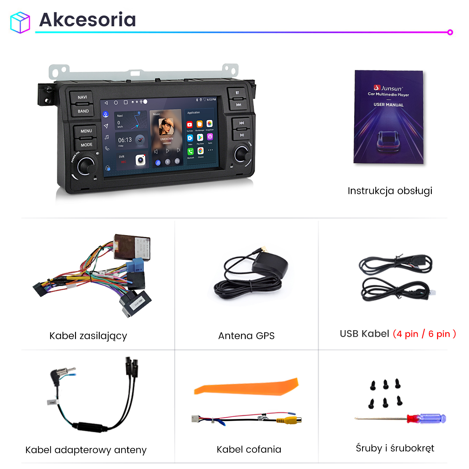 Odtwarzacz multimedialny do samochodu z akcesoriami: kable, antena GPS, instrukcja obsługi, śruby i śrubokręt. Wyświetlacz pokazuje nawigację.