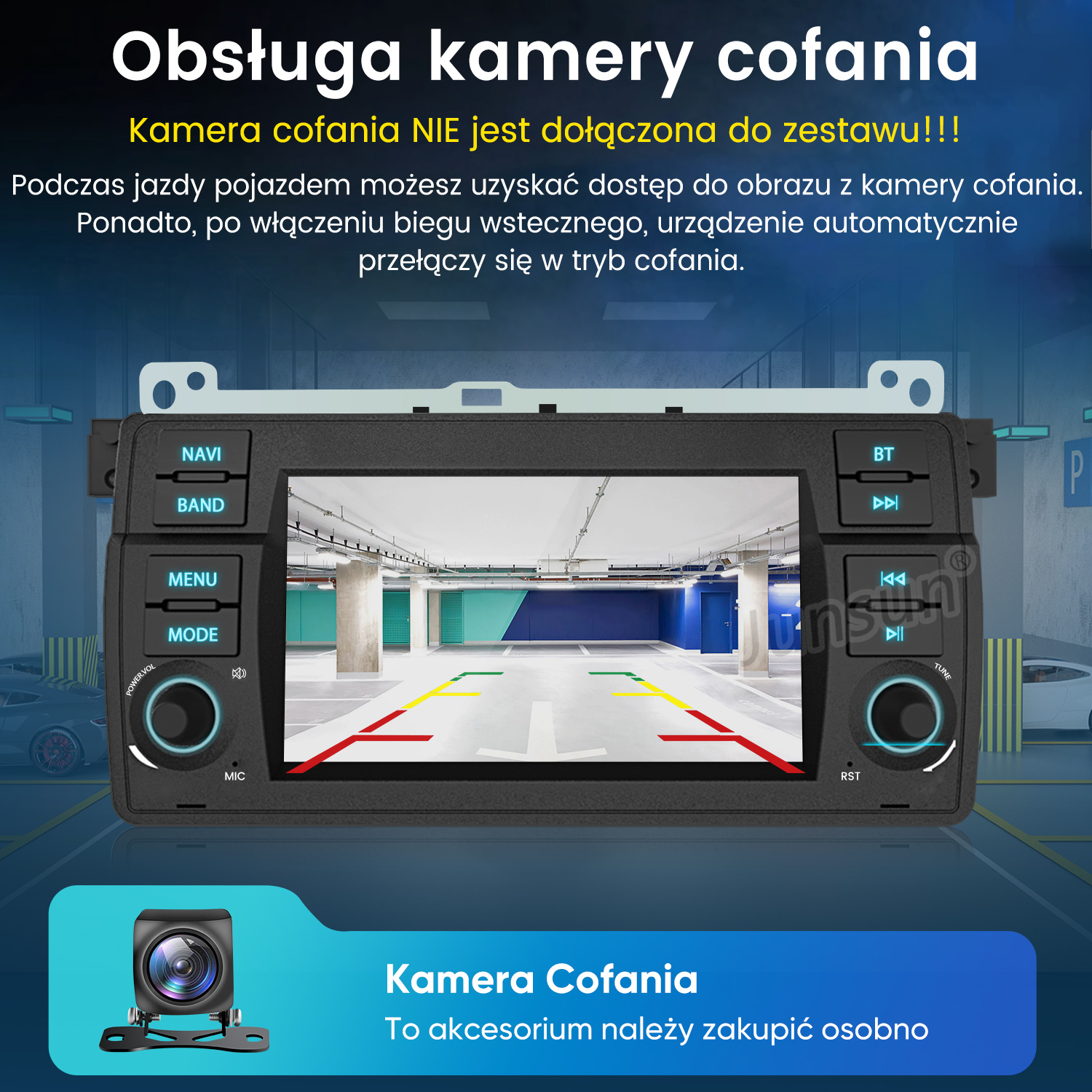 Ekran radia samochodowego z widokiem na garaż z kolorowymi liniami.  Kamera widoczna na dole.