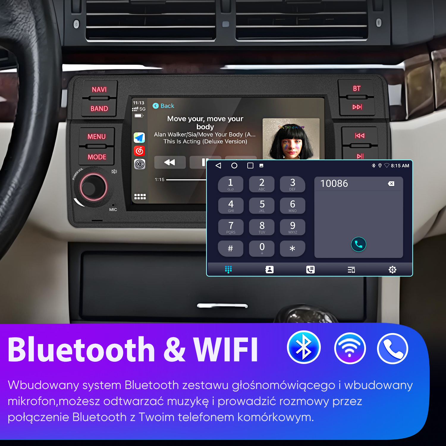 Ekran radia samochodowego z interfejsem muzycznym i telefonicznym. Przyciski nawigacji, menu i trybu. Wyświetlane logo Bluetooth i WiFi.